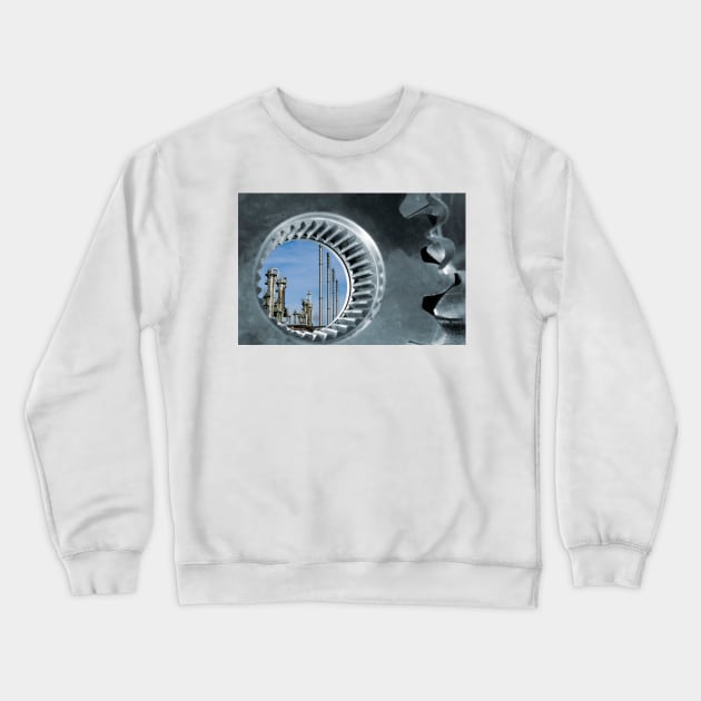 Oil refinery seen through industrial gears (F018/5210) Crewneck Sweatshirt by SciencePhoto